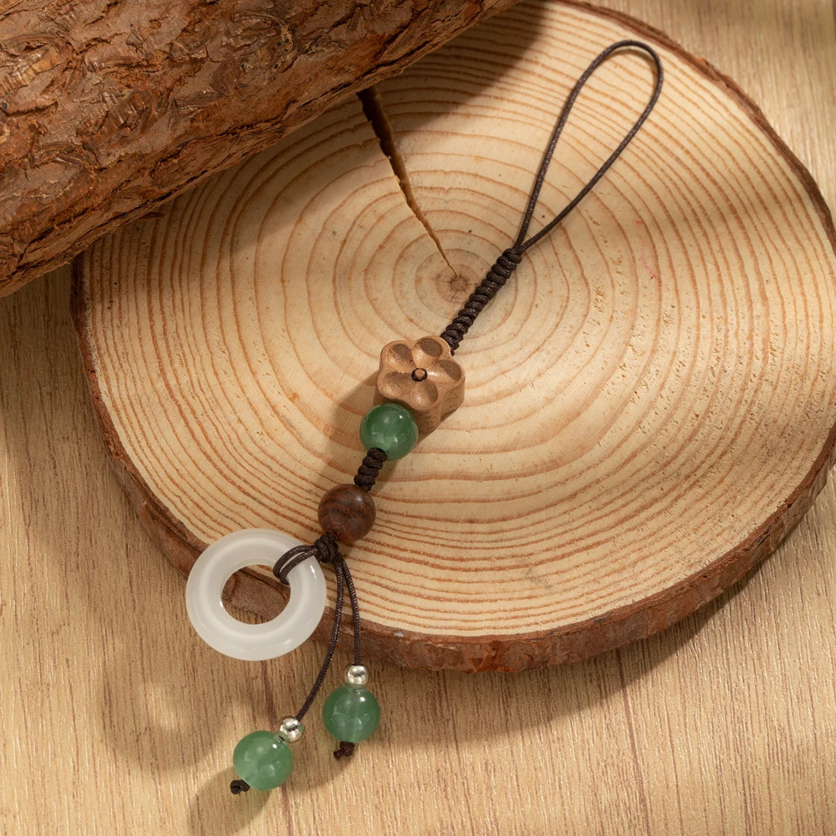 Vintage style wooden plum blossom woven ring wall round bead tassel phone chain