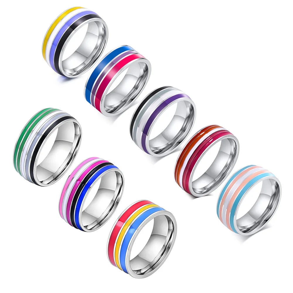 Anillo de acero inoxidable lesbiana LGBT para mujeres, parejas, anillos de compromiso con bandera de rayas de promesa de amor del orgullo