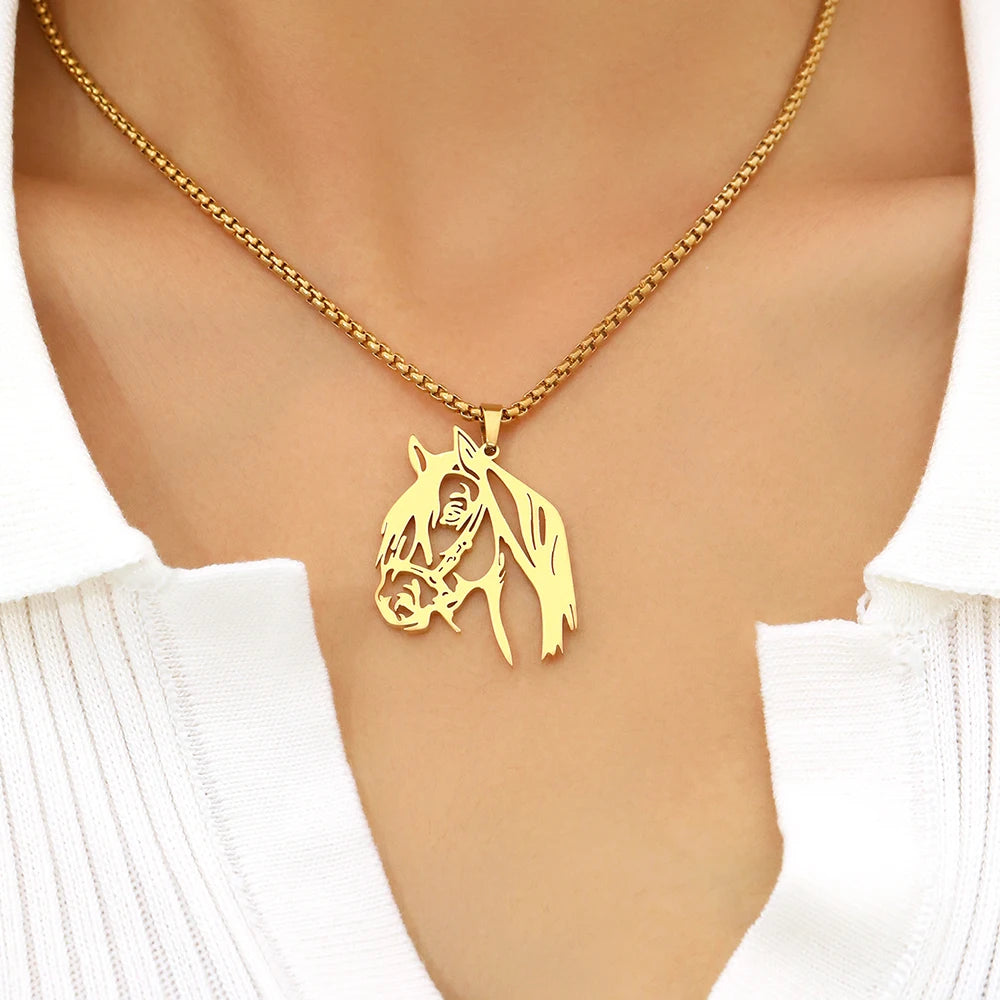 Stainless Steel Necklaces Animals Horse's Head Pendant Choker Chain Men  Atmospheric Fashion Hip Hop Necklace For Women Jewelry