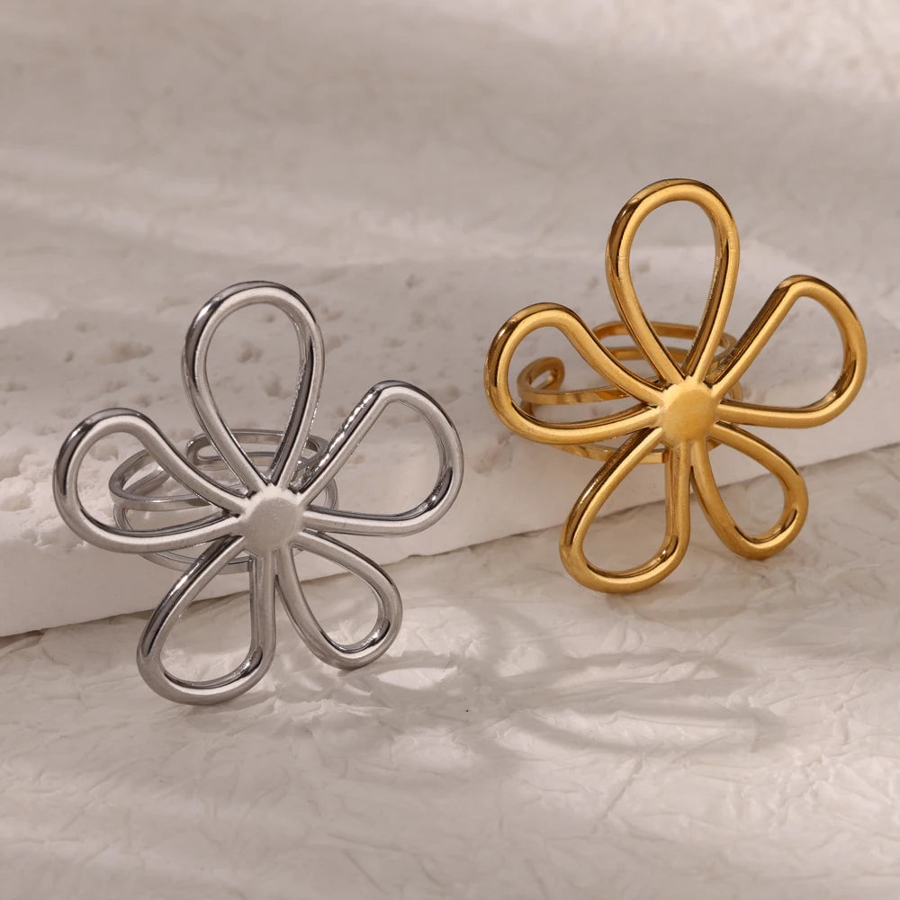 Edelstahl Hohlblume Offene Ringe für Frauen Trendige Ästhetische Hochzeit Paar Ring Femme Schmuck Accessoires Geschenk Anillos