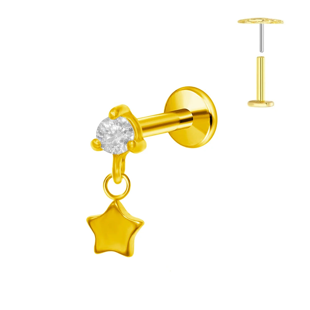 Pendiente de cartílago sin rosca con colgante de luna y estrella de titanio G23 para piercing labret con cono puntiagudo