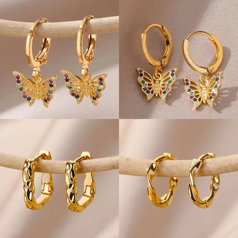 Zirkon Schmetterling Ohrringe Ohrstecker für Frauen Edelstahl Goldfarbe Schmetterling Ohrring Trend Girl Y2K Schmuck Aretes Mujer