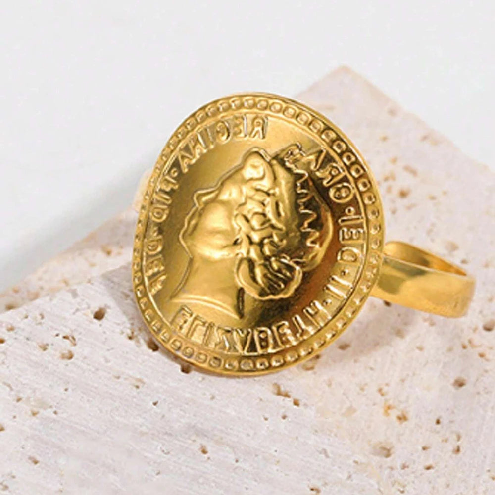 Anillos de Monedas de la Diosa Arethusa de la Antigua Grecia Vintage para Mujeres Imitación Perla Zircon Luna Anillo de Acero Inoxidable Joyería de Moda