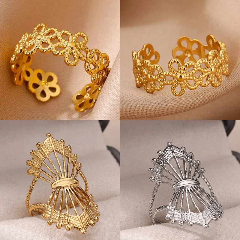 Anillos de flor hueca para mujer Color dorado Acero inoxidable Anillo de flor ajustable de varias capas Regalo de joyería estética para boda