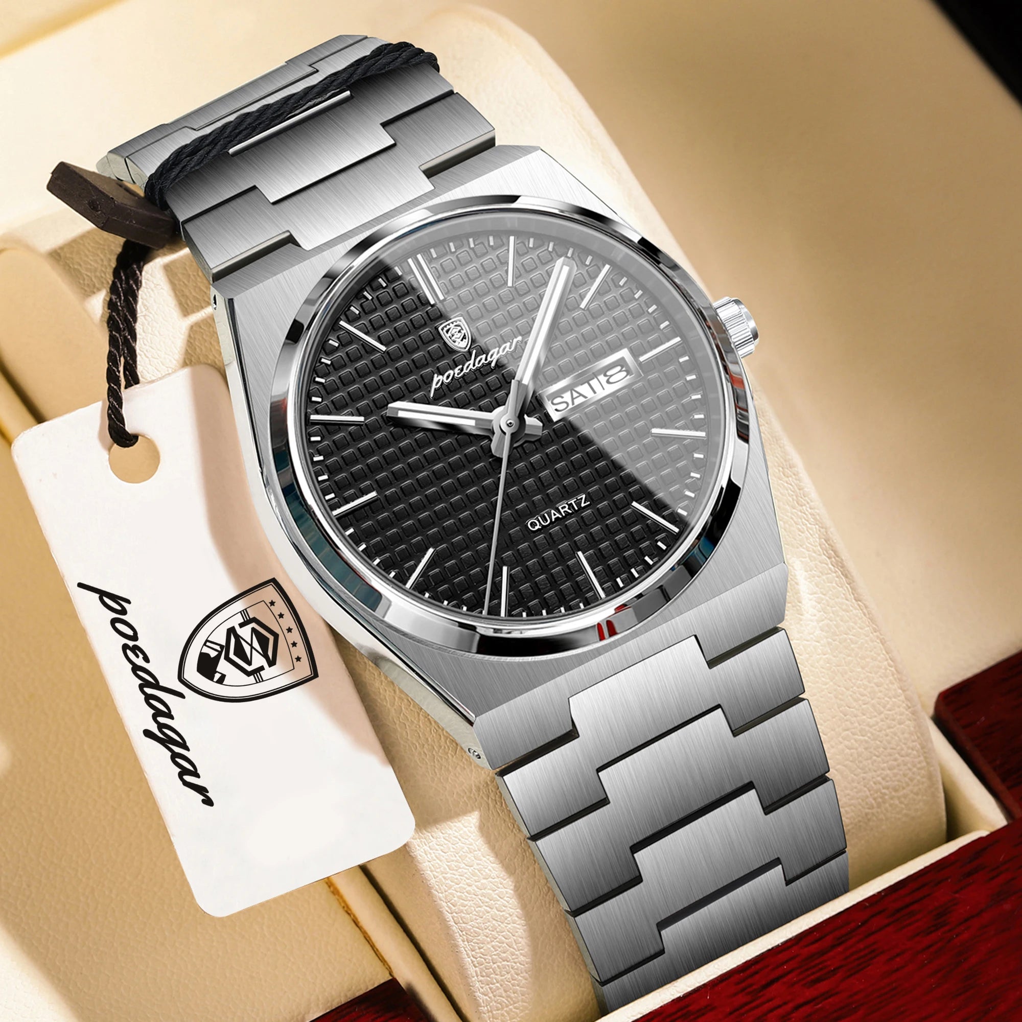 POEDAGAR Reloj de Hombre de Negocios de Acero Inoxidable Impermeable Luminoso con Fecha y Semana Reloj de Pulsera de Cuarzo de Moda Casual para Hombres