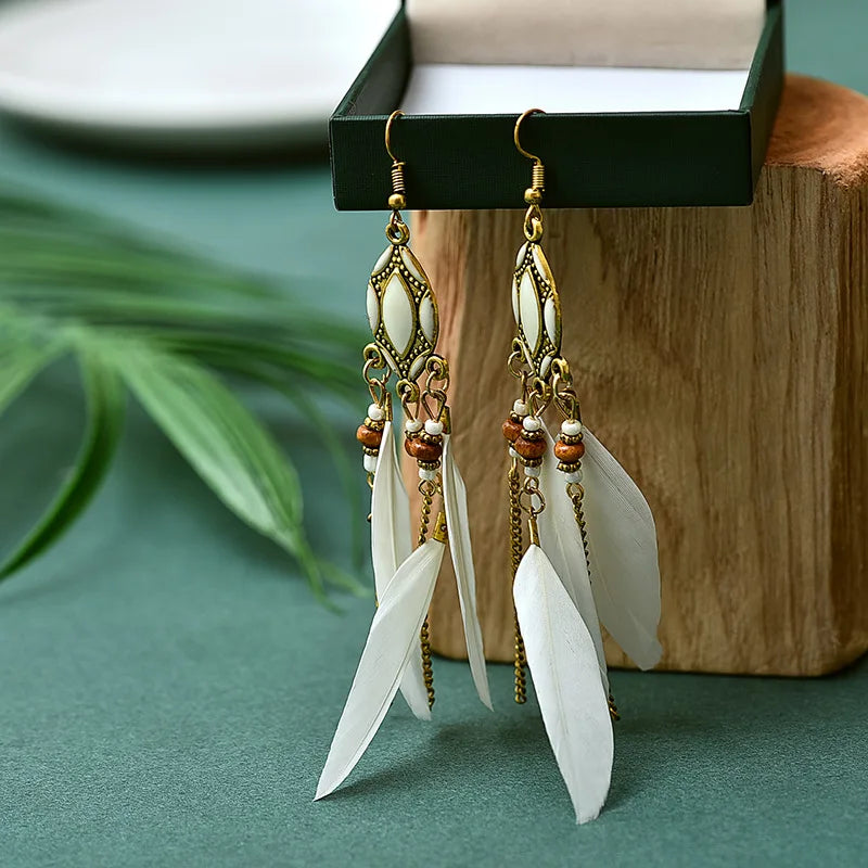 Böhmische ethnische Federohrringe für Frauen, lange Quaste, Perlen, handgemachte Ohrhänger, Mädchen, Mode, Hochzeitsschmuck, Geschenk