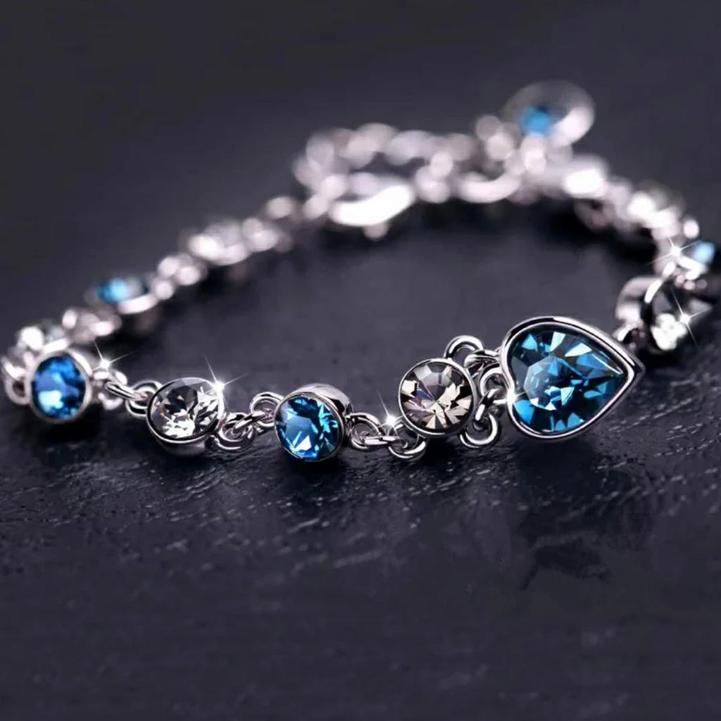 Frauen Silberfarbe Glücksarmband Weiblich Blauer Kristall Herz Anhänger Pulseras Armband Braut Hochzeit Verlobung Feiner Schmuck Geschenk