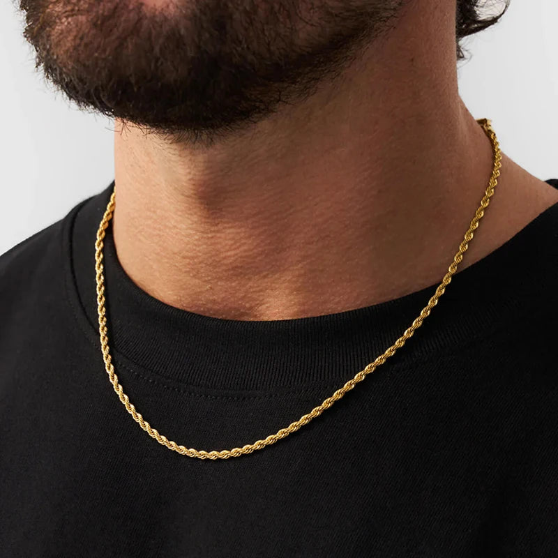 Cadena de cuerda clásica impermeable de 3 mm de acero inoxidable chapado en oro de 18 quilates para hombre y mujer, accesorios de joyería