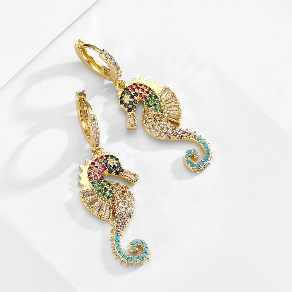 NEWBUY 2024 Trendige Bunte AAA Zirkonia Inlay Seepferdchen Ohrhänger für Damen Party Schmuck