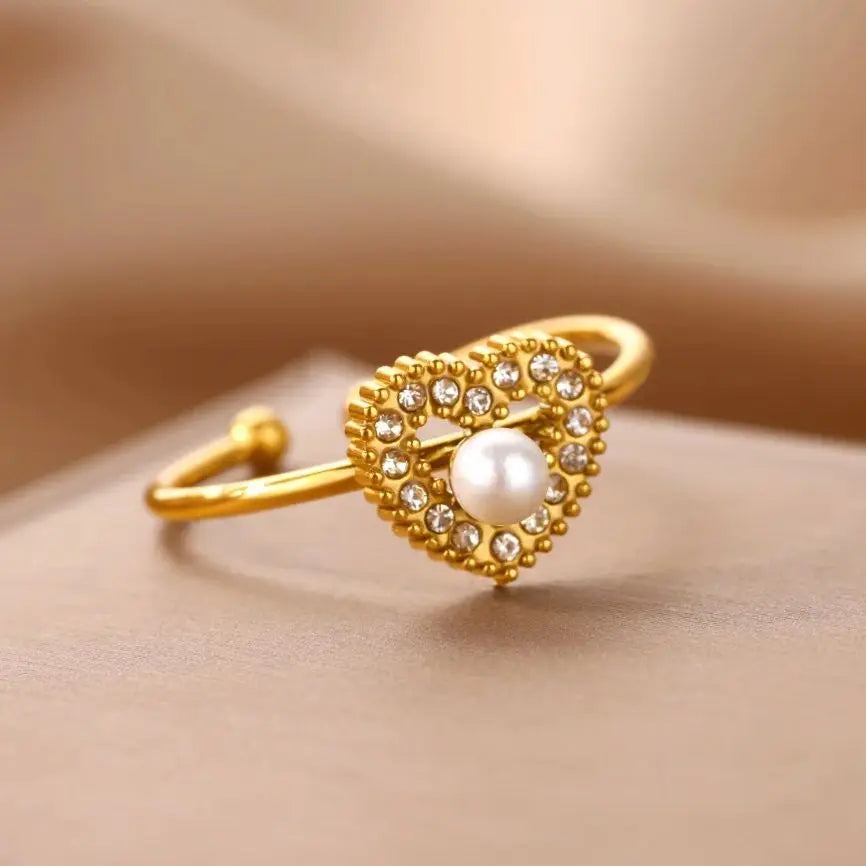 Edelstahl Vierblättriges Kleeblatt Ringe für Frauen Goldfarbe Zirkon Öffnung Paar Ring Ästhetischer Hochzeit Bohème Schmuck Geschenk