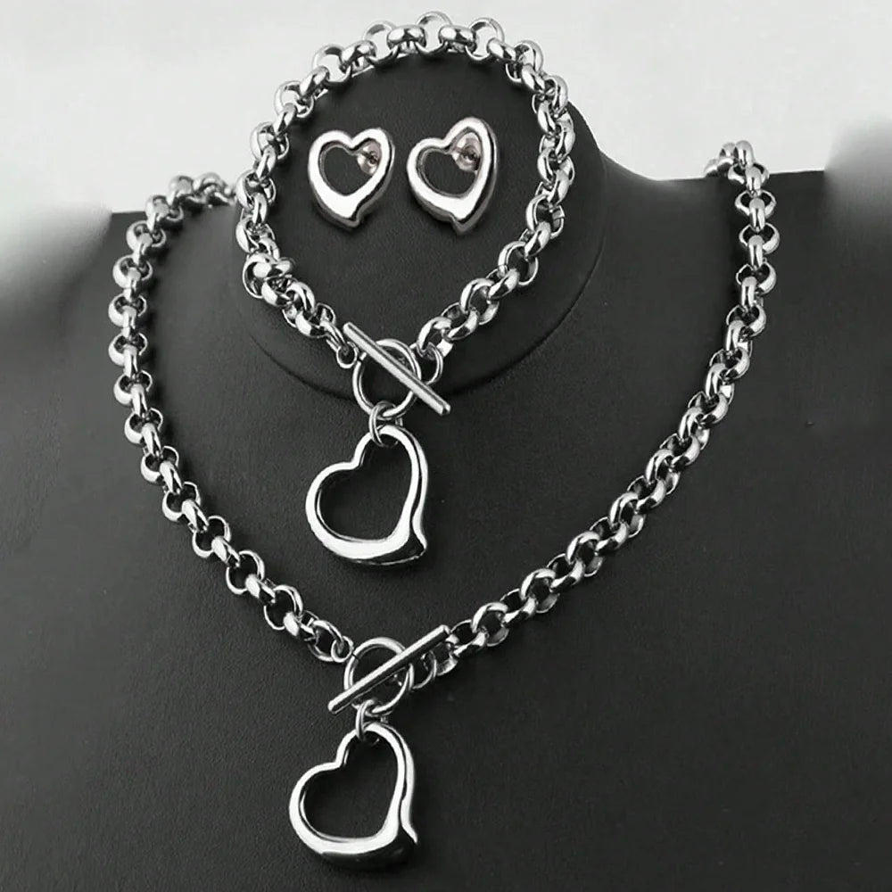 Aomogo Set INS Exquisites Herz-Fashion-Edelstahl-Armband-Ohrringe-Halskette-Anhänger-Set Damen Alltagsartikel Partygeschenke