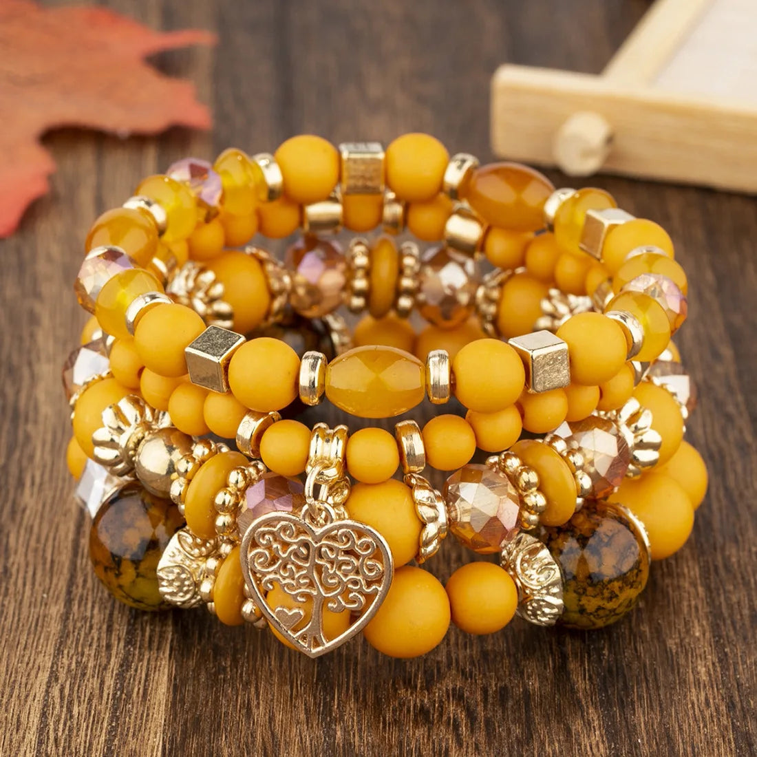 4 Stück Lebensbaum Herz Armband Set Für Frauen Acryl Glasperlen Kette Elastisches Armband Weibliche Mode Party Schmuck