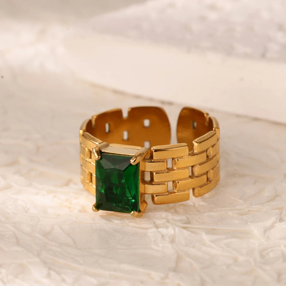Grüne Zirkonia Herzringe für Damen, Vintage Goldfarben, Edelstahl, offener Ring, modischer ästhetischer Schmuck, Hochzeitsgeschenk