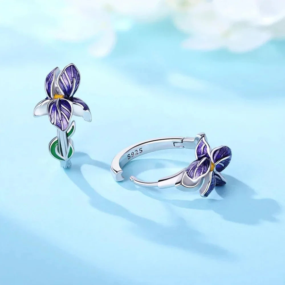 925 Plata Esterlina Serie de Flores Moradas Pendientes Joyas Aretes Versátiles para Mujer Joyería Fina Regalos de Fiesta de Cumpleaños