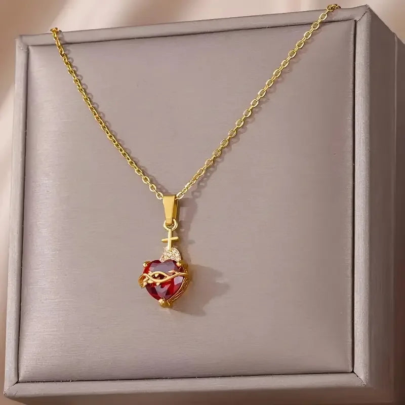 Romantic Wedding Heart Cubic Zirconia Necklace For Women Elegant Cute Gold Color Stainless Steel Necklaces Jewelry Birthday Gift