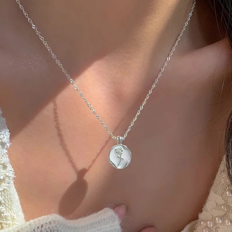 VENTFILLE Plata 925 Geometría Circular Rosa Collar Esmalte Goteo Coreano Joyería Delicada Regalo de Cumpleaños Venta al por Mayor