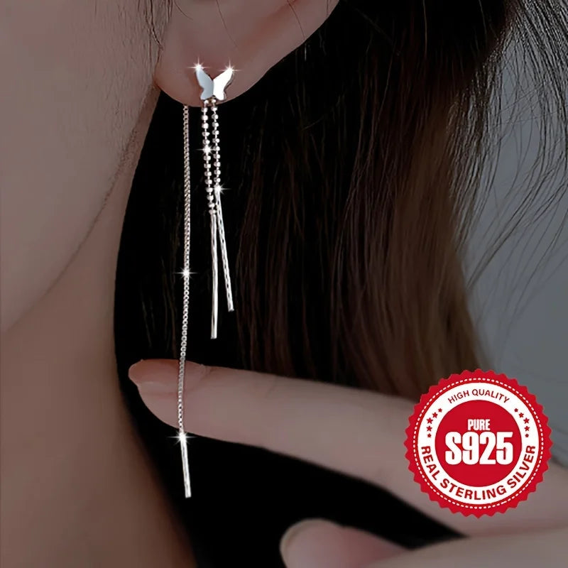 Paar S925 Silber Schmetterling Quasten Ohrringe für Damen, hypoallergen, süßes Mädchen, vielseitiges Alltags-Accessoire, perfektes Geschenk für Frauen