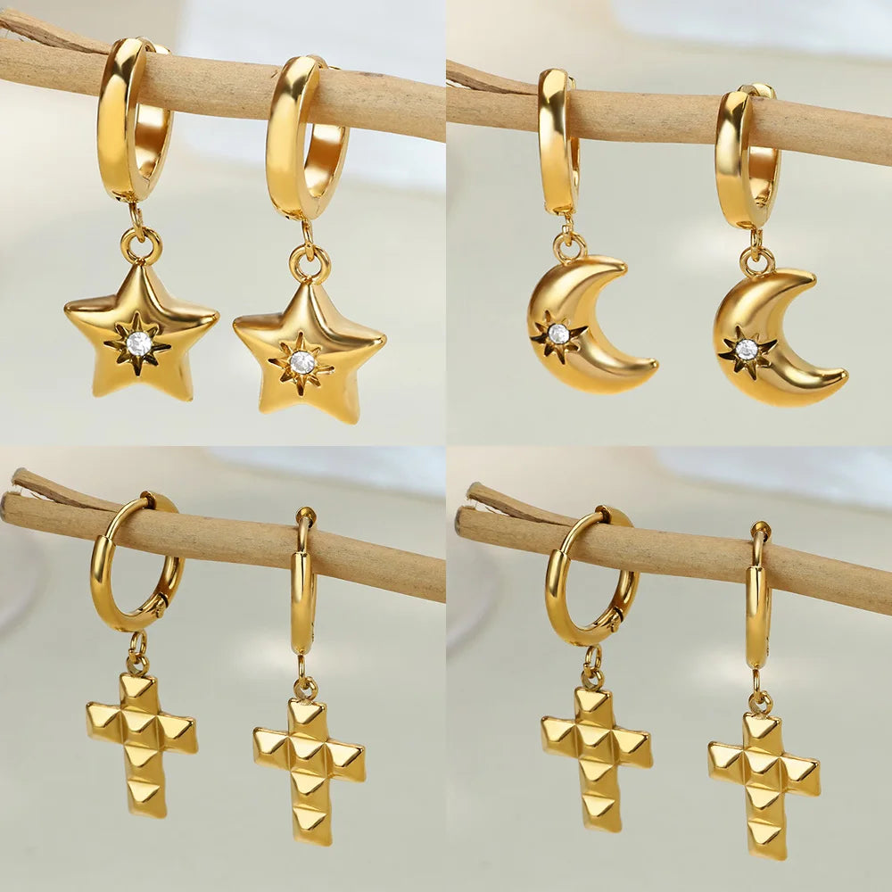 Pendientes de aro de corazón vintage chapados en oro para mujer, de acero inoxidable, geométricos, perforados, joyería de lujo con circonitas, regalo de boda