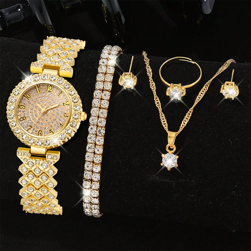 Luxus Damen Gold Uhr Mode Damen Quarz Diamant Armbanduhr Elegante weibliche Armbanduhr Set Reloj Mujer