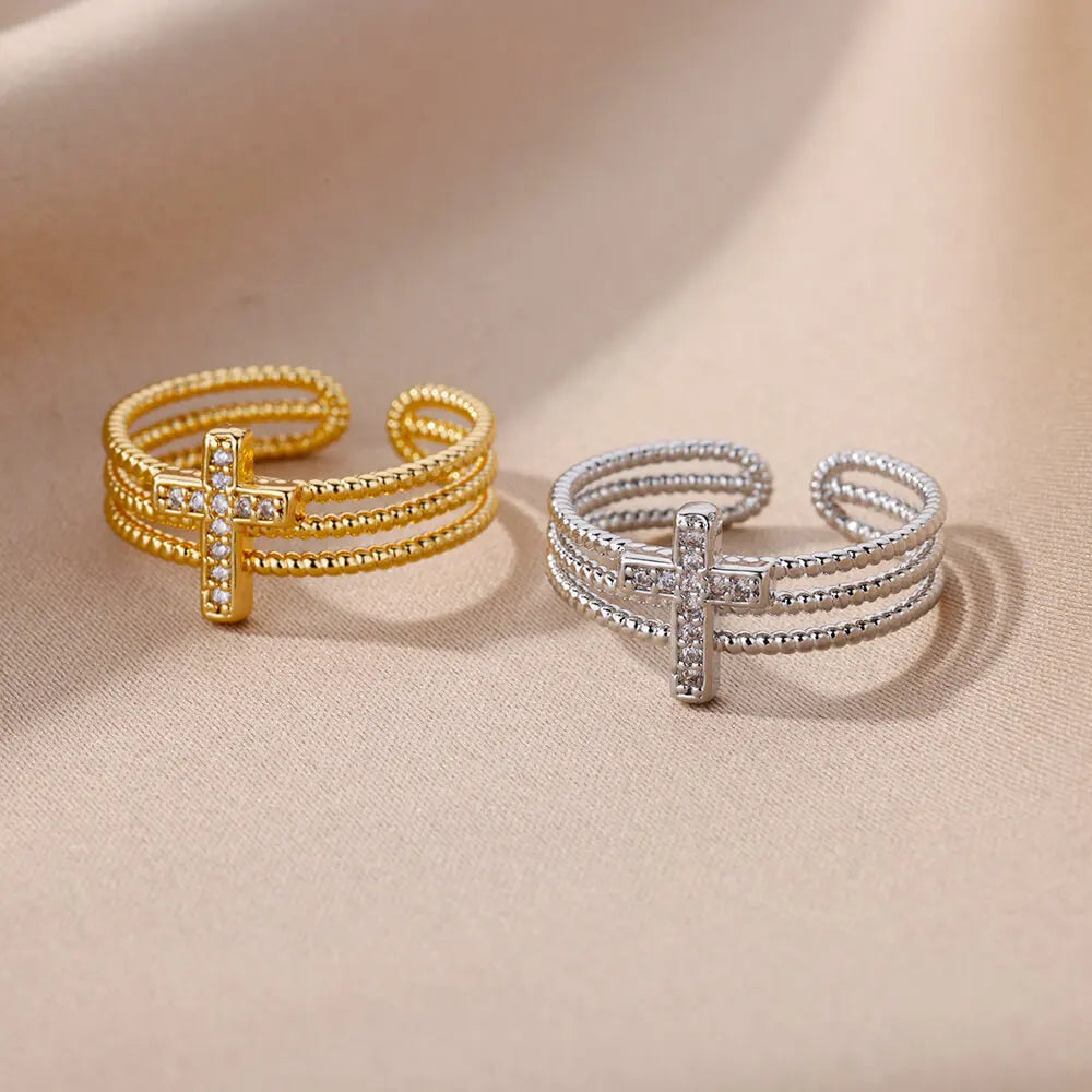 Neu in Zirkon Kreuzringe für Damen Verstellbarer Edelstahl Kreuzring Femme Design Luxus Hochzeit Schmuck Geschenk 2023 Anillos