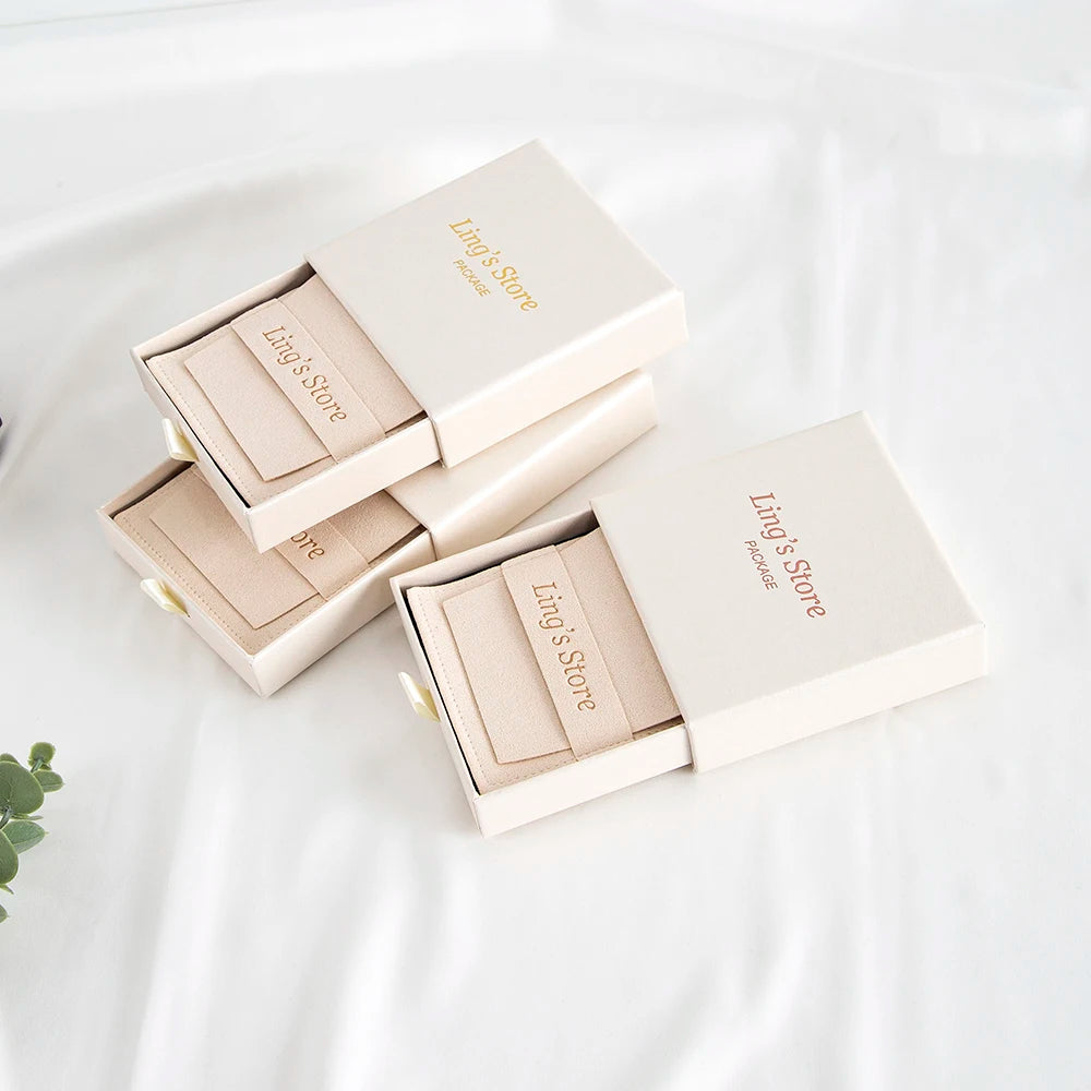 24/50/100Sets Custom Logo 9x9x2.5cm Jewelry Drawer Box 8x8cm Microfiber Strip Bags Can Debossed Logo For Earrings Rings Necklace