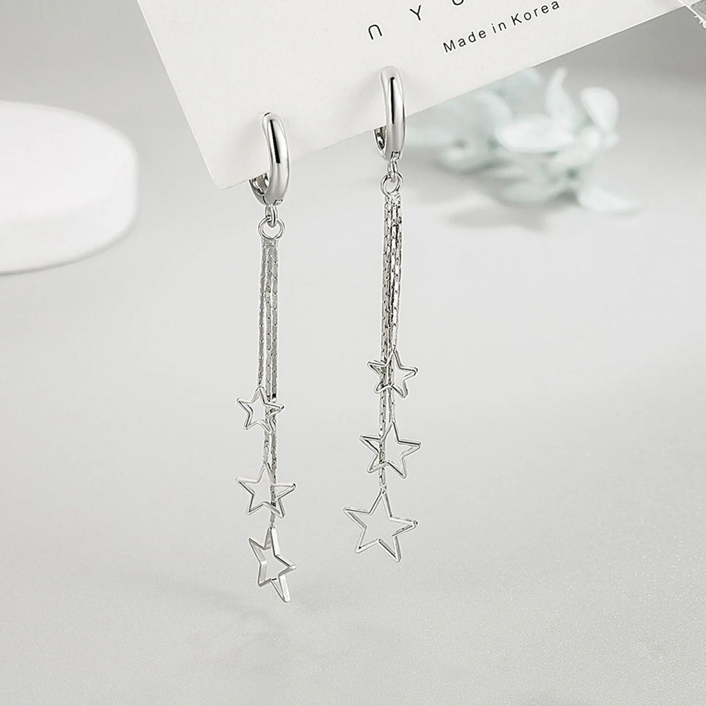 Elegante beliebte Drei-Sterne-Creolen für Damen, 925er Sterlingsilber, Party-Schmuck, wunderschöne lange Quastenohrringe, elegant
