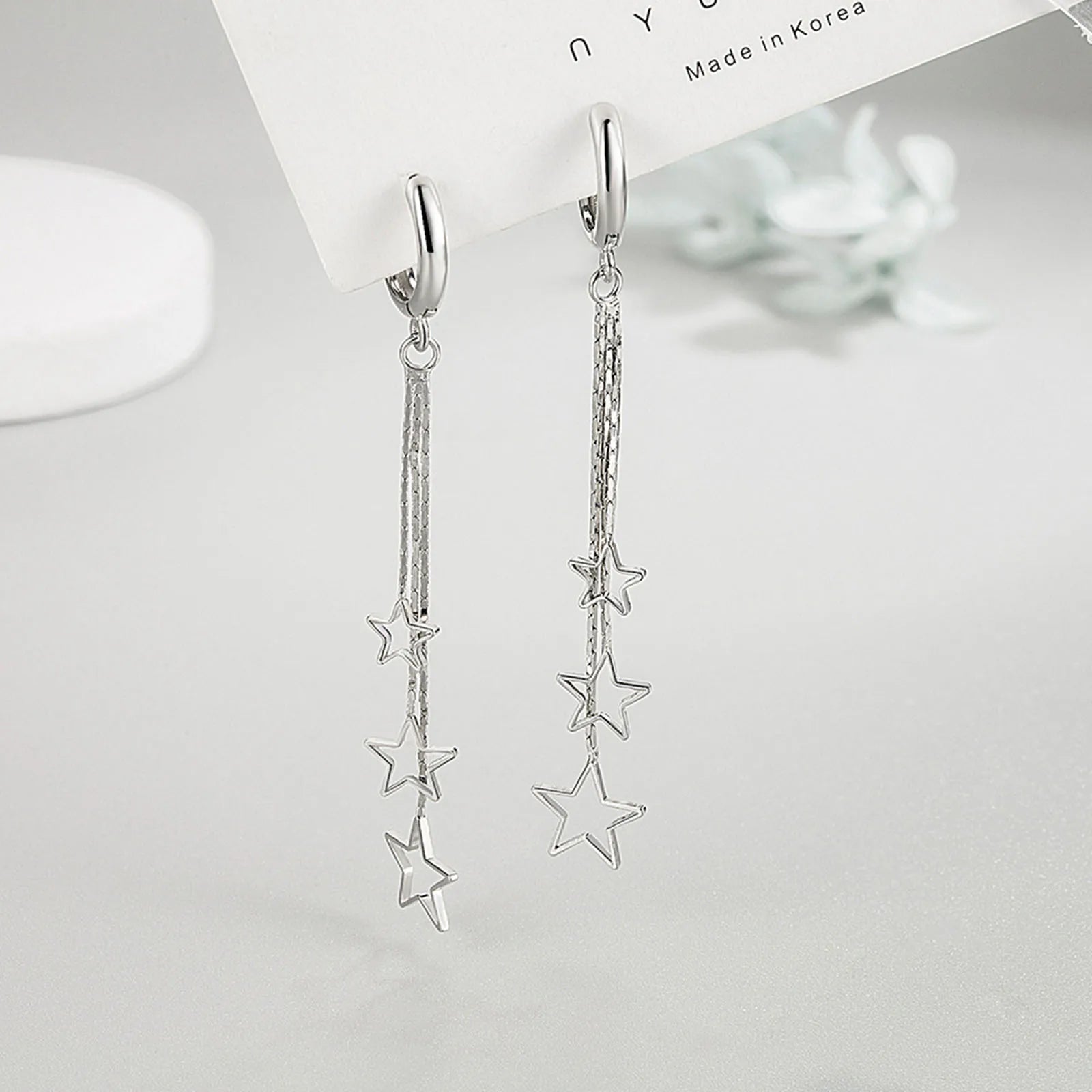 Pendientes de aro elegantes y populares de tres estrellas para mujer, de plata de ley 925, joyería de fiesta, pendientes largos de borla, elegantes
