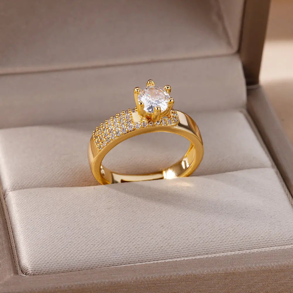 Edelstahl Runde Ringe Für Frauen Zirkon Geometrische Goldfarbe Kristall Ring Ästhetische Hochzeit Party Schmuck Geschenk Bague Femme