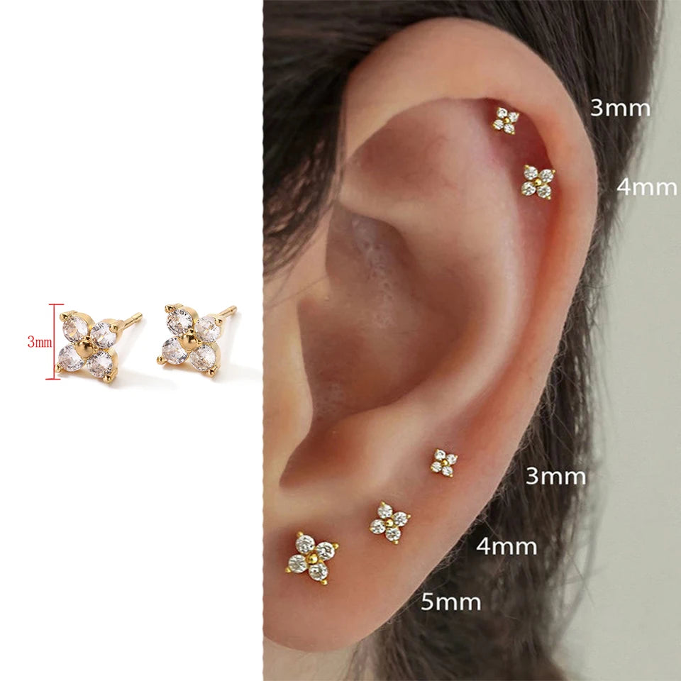 Yupsk Dainty Flower Stainless Steel Butterfly Stud Earrings for Women Cartilage Ear Ring Cute Zircon Gold Color Clover Jewelry