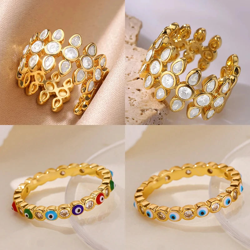 Weiße Zirkon Geometrische Edelstahlringe für Frauen Goldfarbe Verstellbarer Hochzeit Ästhetik Ring Schmuck Geschenk Zubehör
