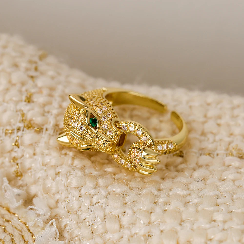 NEWBUY Hochwertiger Modeschmuck Großer Tierring für Frauen Mädchen Party Schmuck Goldfarbe Zirkon Leopard Offener Ring Großhandel