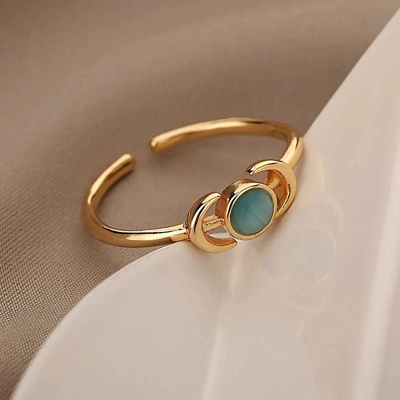 Edelstahl Lotusblumenring für Frauen, goldfarben, Vintage-Stein, Opal, ovaler Blumenring, modischer ästhetischer Schmuck, Geschenk