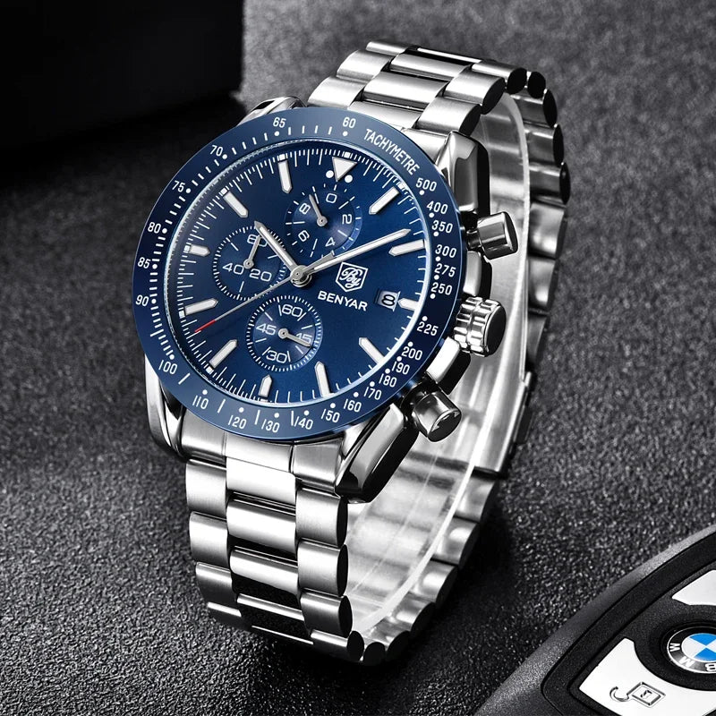 Reloj de hombre BENYAR, de marca superior de lujo, totalmente de acero, con movimiento de cuarzo para negocios, informal, impermeable, deportivo, Relogio Masculino