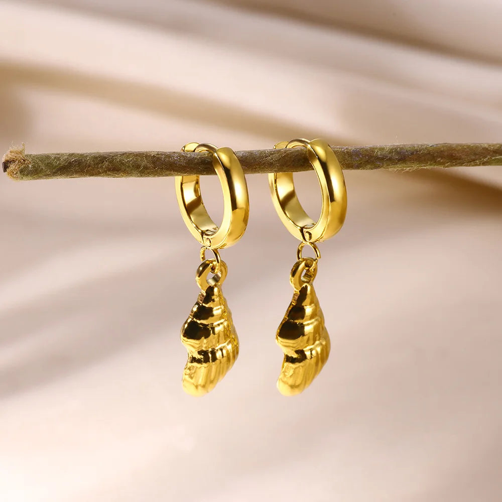 Pendientes de aro de estrella de mar de agua dulce con concha para mujer, elegantes, de acero inoxidable, color dorado, Aretes, accesorios de joyería de Navidad