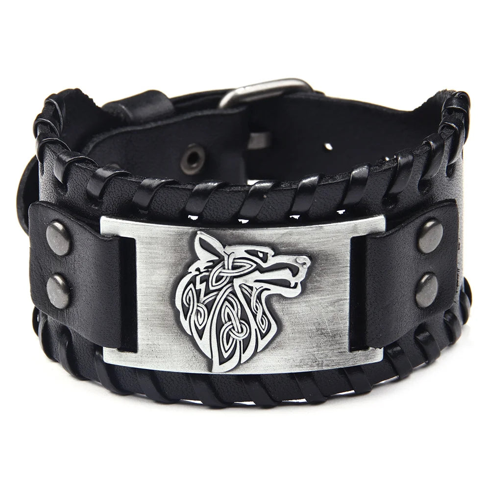 Herren Stilvolles Wikinger-Armband Leder Kühnes Wolfsmotiv Metallverzierung Armreif Punk Rock Partys Schmuck Einzigartiges Geschenk