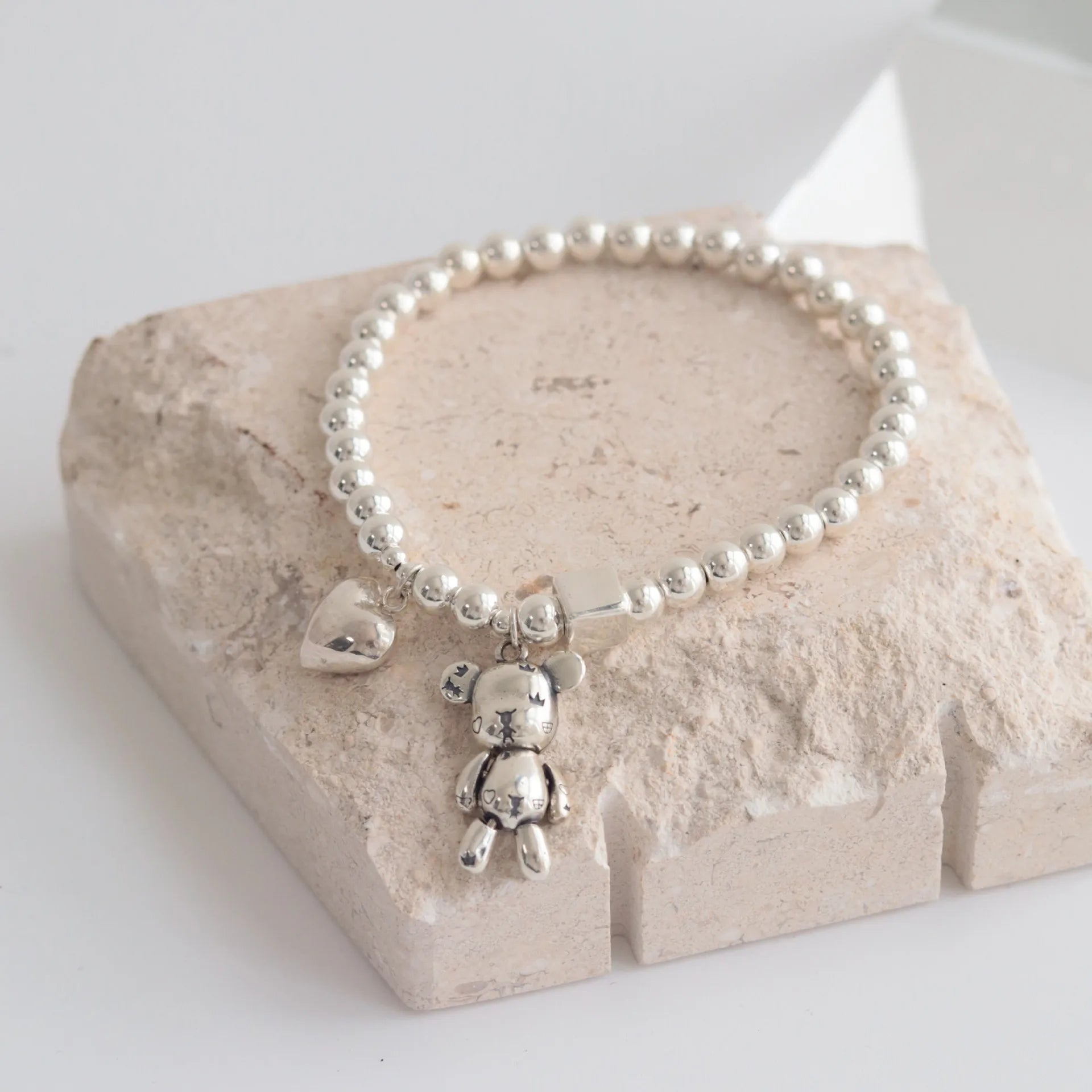 925 Sterling Silver Bracelets for Women String of Beads Accessories Trend Vintage Simple Cute Bear Pendant Party Jewelry