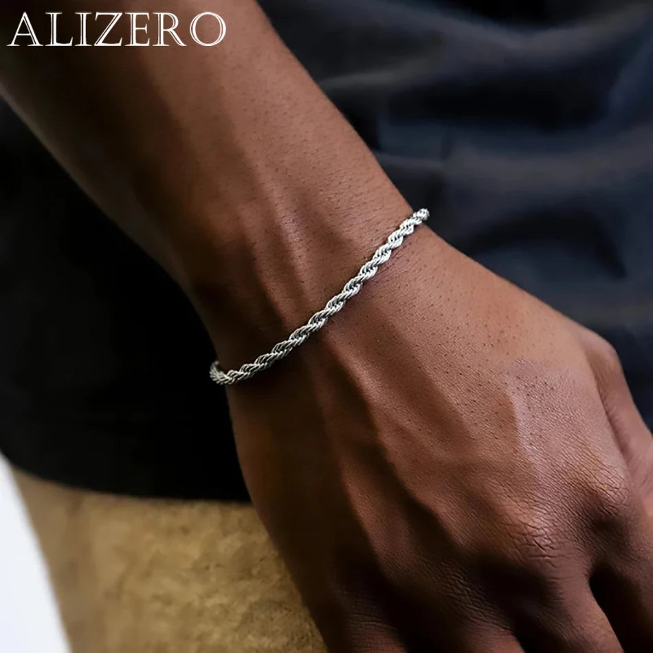ALIZERO 925 Sterling Silber Unisex 4mm Seilkette Armbänder für Herren Damen Gedrehte Gliederkette Armband Einfacher Klassischer Schmuck