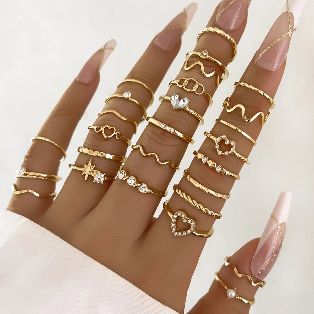Mode Einfache Welle Gelenkringe Set für Frauen Kristall Herz Form Gold Silber Farbe Ring Weiblicher Party Schmuck