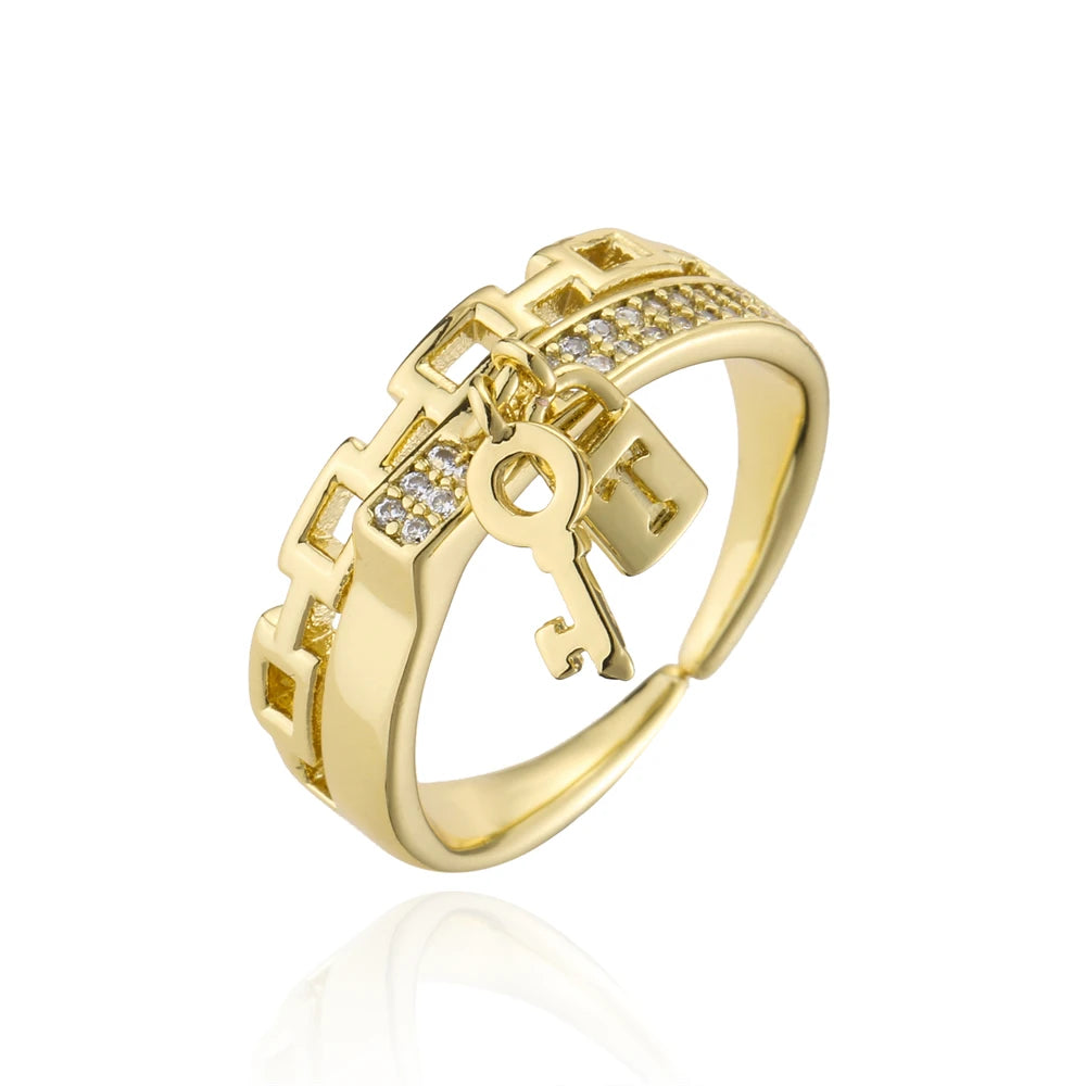 NEWBUY Fashion Gold Color Copper Wedding Jewelry Luxury AAA CZ Zircon Lock & Key Charm Finger Ring Adjustable For Women Girl