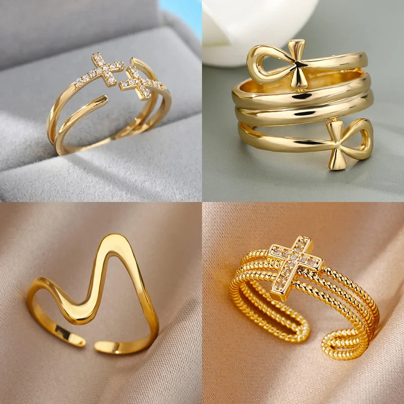 Zirkon-Doppelkreuzringe für Damen, Edelstahl, goldfarben, glänzender Öffnungsring, neues luxuriöses Mode-Hochzeits-Schmuckgeschenk, Bague
