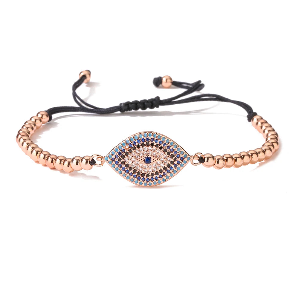 NEWBUY 2023 Mode Handgemachte schwarze Seilperlenkette Armband Verstellbar AAA Zirkonia Böser Blick Charm Armbänder für Frauen Mädchen