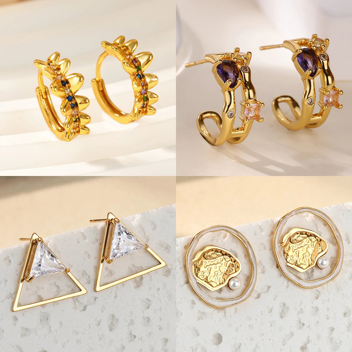 Geometrische Zirkonia-Creolen für Damen, Edelstahl, goldfarben, Piercing-Ohrring, 2025, neue Mode, Hochzeit, Paar-Schmuck