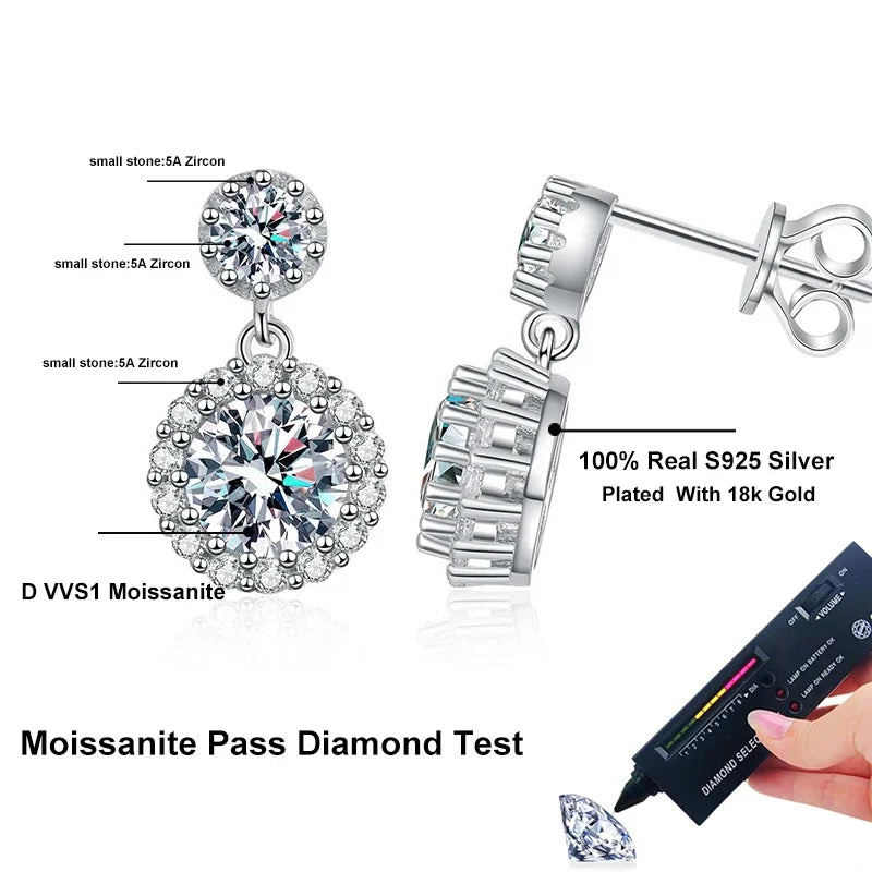 NeeTim 1ct Moissanit-Ohrringe für Damen, S925 Sterlingsilber, 18k Weißgold plattiert, Diamant-Hängeohrringe, Geschenke mit Zertifikat