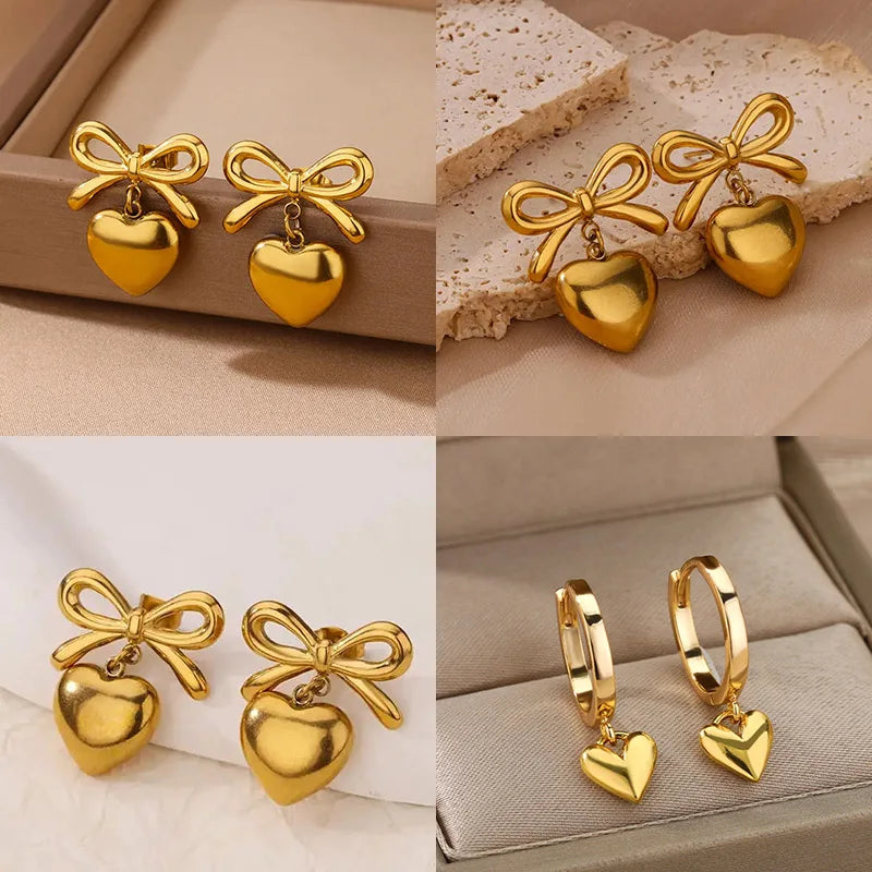 Niedliche Schleifen-Herz-Ohrringe für Damen, Edelstahl, goldfarben, Herzstecker, 2024 Trend, Piercing-Schmuck, Hochzeitsfeier-Geschenk