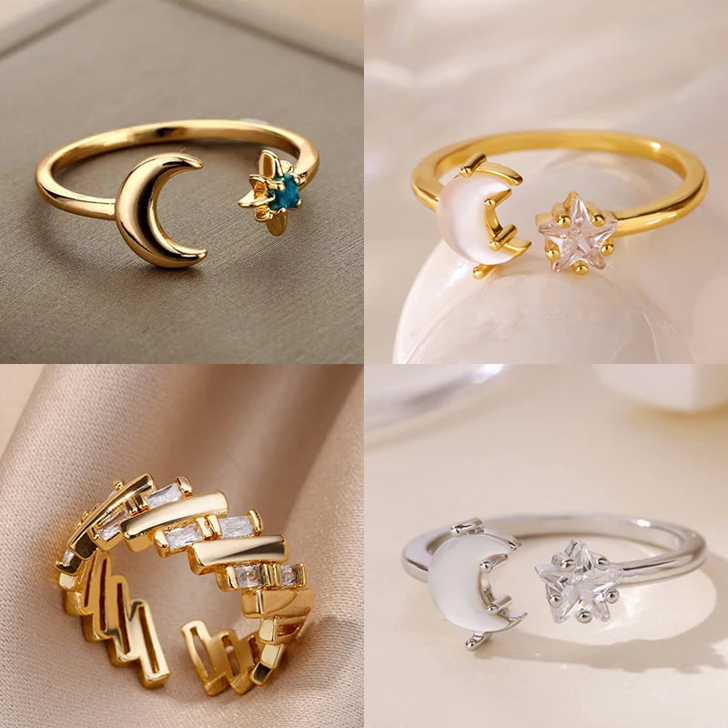 Zirkon-Mondringe für Frauen, Edelstahl, leuchtender Mond-Stern, verstellbarer Fingerring, ästhetischer Hochzeitsschmuck, Geschenk, Bague Femme