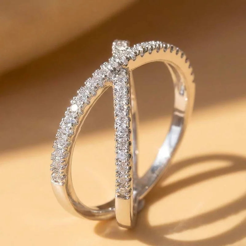 Anillo de compromiso de lujo de plata de ley 925 con forma de cruz X para mujer, pavé completo de circonitas, elegante y sencillo, para mujer, venta caliente