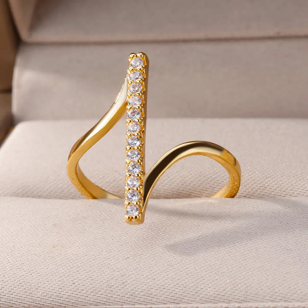 Zirkon Geometrische Ringe für Frauen Goldfarben Edelstahl Öffnungsring Luxus Hochzeitsfeier Ästhetischer Schmuck Geschenk Femme 2024
