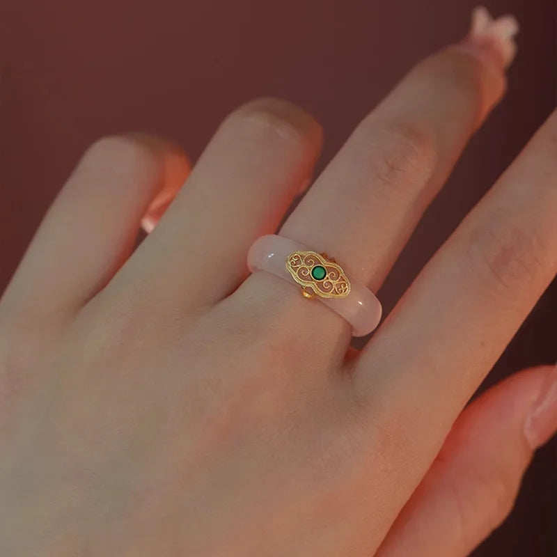 VENTFILLE Anillo de calcedonia y jade de Hotan de plata de ley S925 para mujer, accesorios de joyería vintage de turquesa para niñas, dropshipping