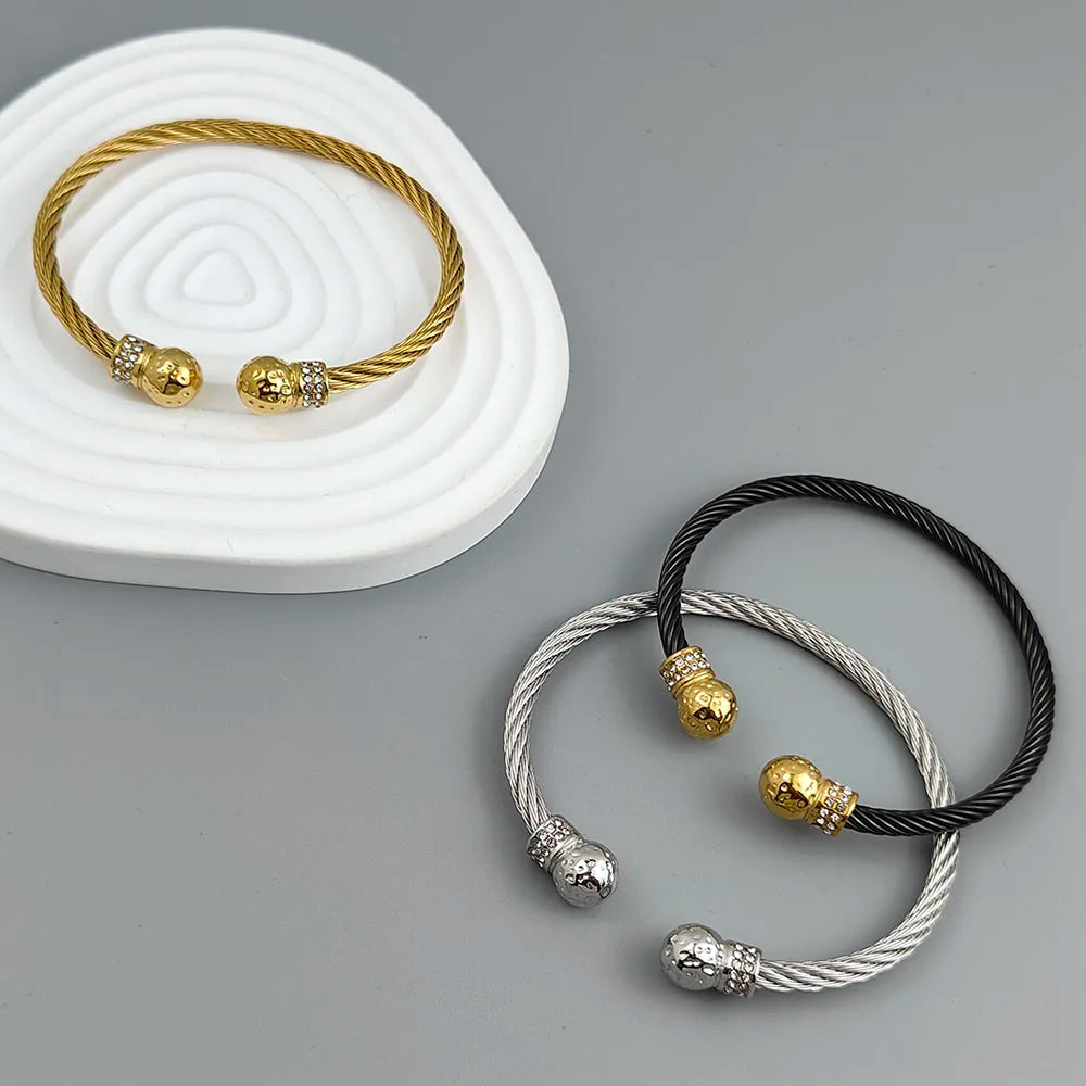 Gedrehtes Doppelkugel Zirkonia Edelstahl vergoldet 18K Armband, hochwertige wasserdichte Silber Schmuck, Paargeschenk