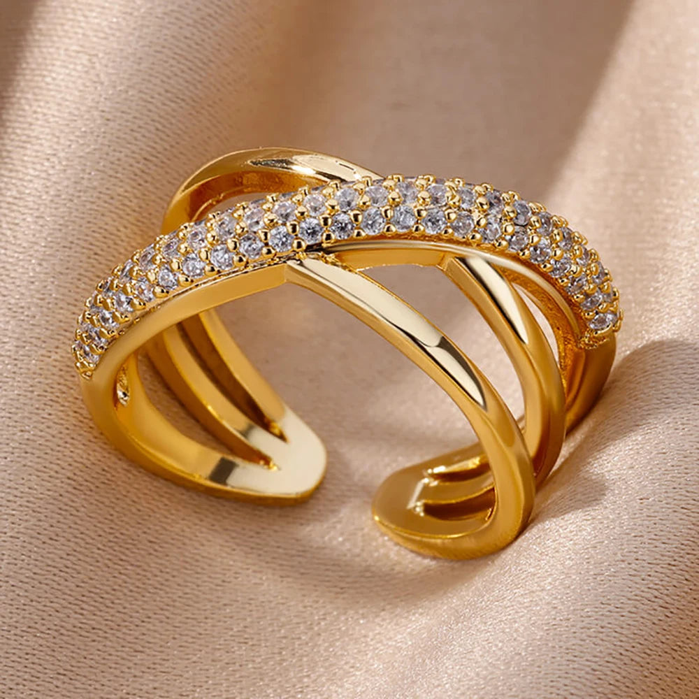 Anillos de acero inoxidable de color dorado a la moda para mujer, cadena hueca de cristal de circón, joyería para dedo, regalo 2023, anillos mujer